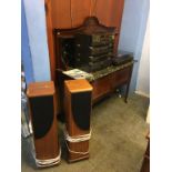 A Technics four tier stack system, a Hitachi HT- 350 turntable and a pair of Castle speakers