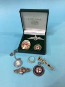 A gold ring stamped '375', a Continental porcelain brooch, silver brooches etc.