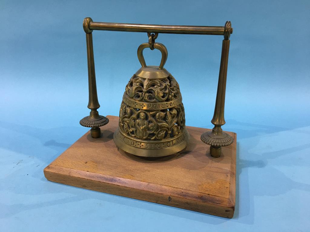 A metal modern sculpture, brass bell on wooden plinth and a wooden carved box for letters, with bone - Image 4 of 7