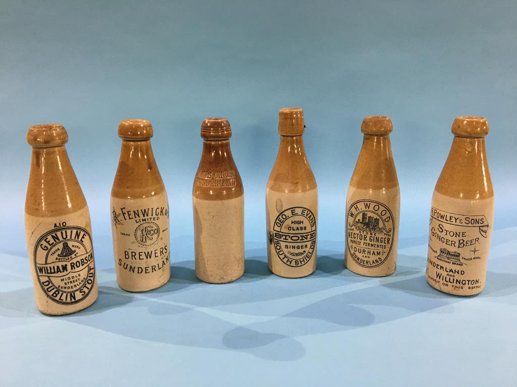 Six stoneware advertising bottles, William Robson Sunderland, George E. Evans, South Shields,