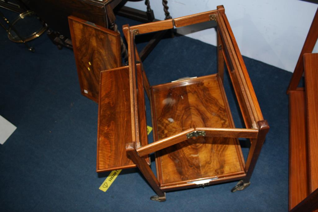 A walnut two tier tray top tea trolley, with drop flaps - Image 3 of 6