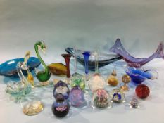 Large quantity of coloured glass and various paperweights