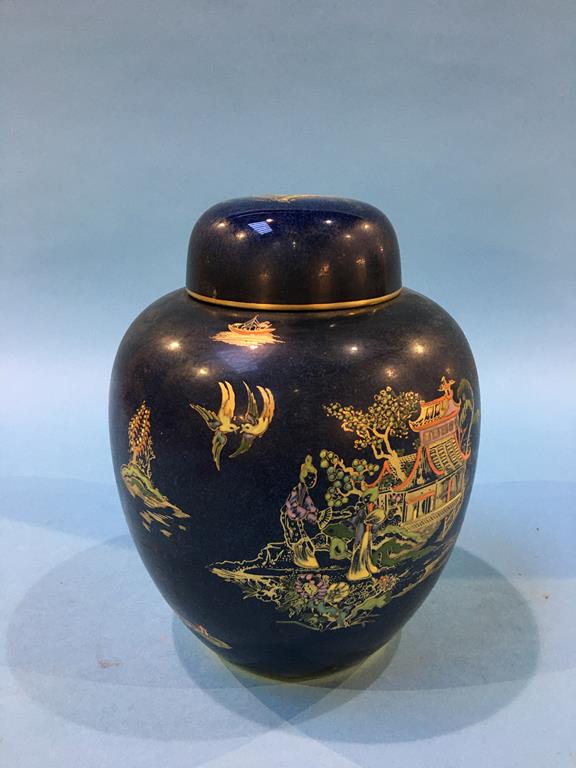 Blue glazed Carlton ware ginger jar and lid, Oriental style