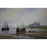 John J. Holmes, watercolour, signed, 'View of Bamburgh Castle', 30 x 50cm