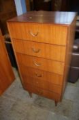 Narrow teak chest of drawers, 61cm wide, 46cm deep, 127cm height