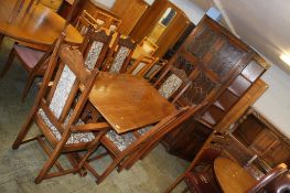 An Old Charm oak refectory table and six chairs and display units