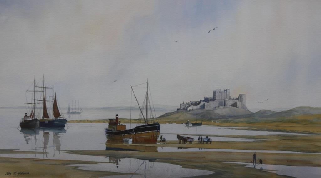 John J. Holmes, watercolour, signed, 'View of Bamburgh Castle', 30 x 50cm - Image 4 of 4