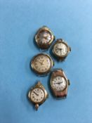 Five various ladies 9ct gold wristwatches
