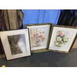Three watercolours; landscape and flowers