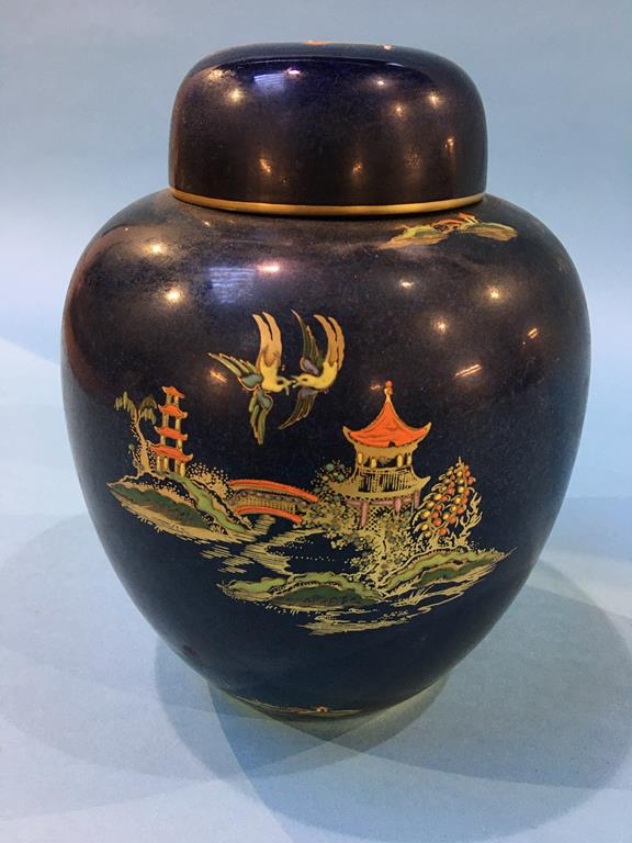 Blue glazed Carlton ware ginger jar and lid, Oriental style - Image 3 of 4