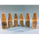 Six stoneware advertising bottles, Ridley Cutter and Firth, Newcastle, x2, Bewick Bros., Blaydon,