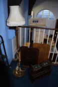 Walnut folding table, lamp, fire screen and magazine rack