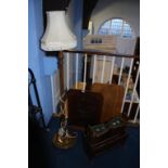 Walnut folding table, lamp, fire screen and magazine rack