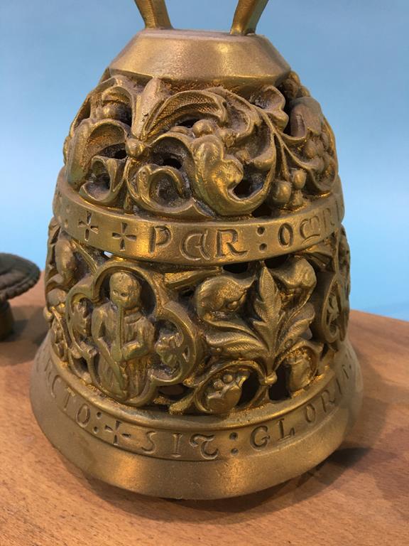 A metal modern sculpture, brass bell on wooden plinth and a wooden carved box for letters, with bone - Image 5 of 7