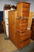 Pine wardrobe and three chests