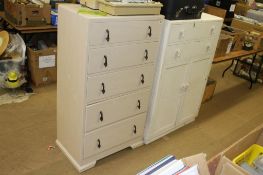 A bookcase, a painted tallboy and a painted chest of drawers