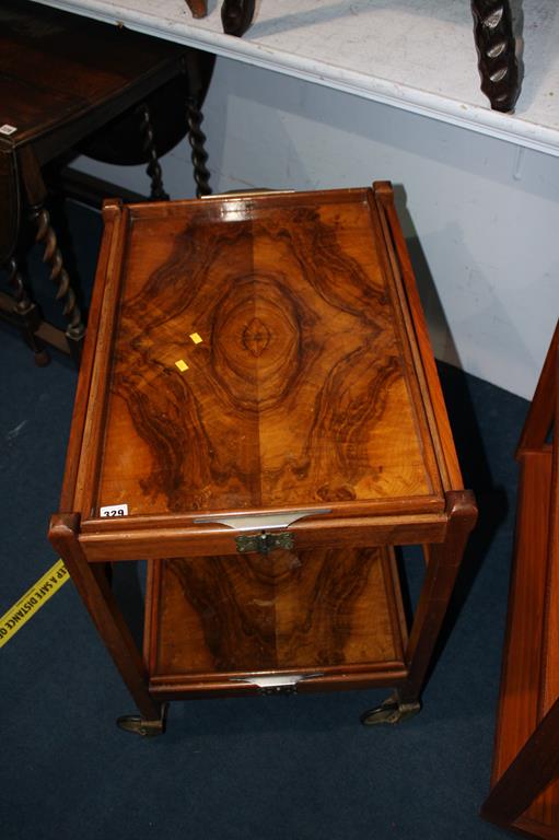 A walnut two tier tray top tea trolley, with drop flaps - Image 2 of 6