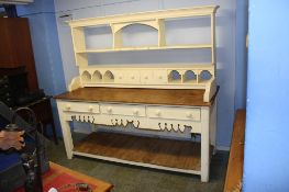 A large painted pine farmhouse style dresser, 198cm wide, 75cm deep, 183cm height