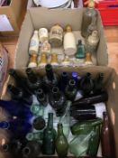Two boxes of glass and stoneware bottles, including James B. Flawith, Durham, Metcalf and Sons