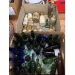 Two boxes of glass and stoneware bottles, including James B. Flawith, Durham, Metcalf and Sons