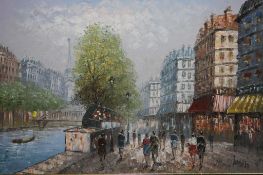 Burnett, oil on canvas, signed, 'Parisian canal scene', 60 x 90cm