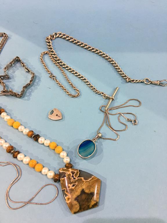 Silver Albert, assorted silver jewellery, amber coloured beads etc. - Image 2 of 3