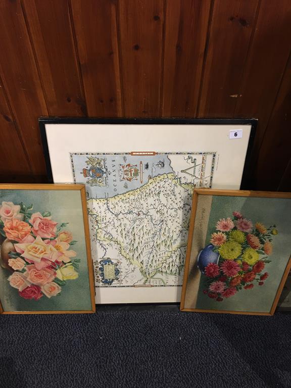 Pair watercolours, still lives and a map