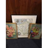 Pair watercolours, still lives and a map