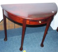 Reproduction mahogany demi lune single drawer side table, 100cm wide