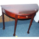 Reproduction mahogany demi lune single drawer side table, 100cm wide