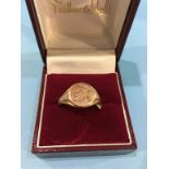 A 9ct gents signet ring, 8g and one other