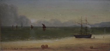 J.E. Colling (pair), oil on canvas, signed, dated 1909, 'Seascapes', 15 x 30cm