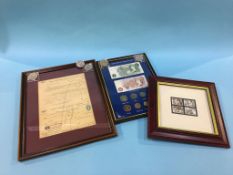 Framed and mounted coins, notes and stamps