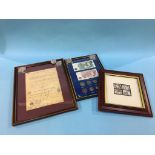 Framed and mounted coins, notes and stamps