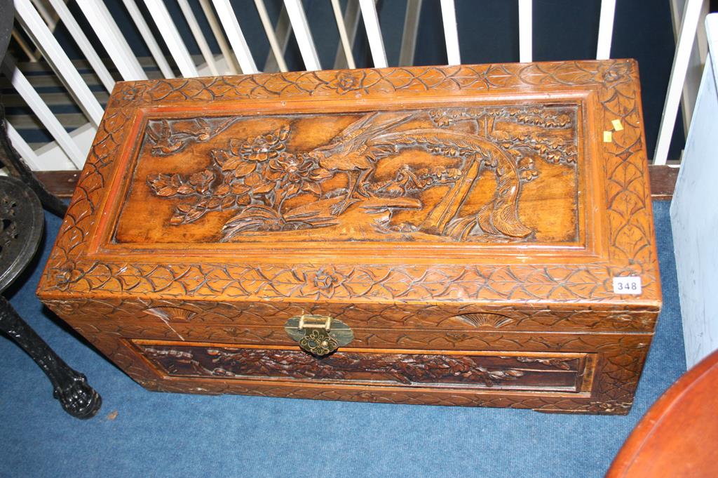 Carved Oriental camphorwood chest, 86cm wide - Image 2 of 3