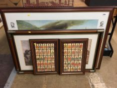 Framed regimental cards and two military prints