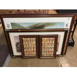 Framed regimental cards and two military prints