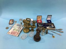 Two boxes of assorted including silver £20 coin, brass weights etc.