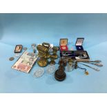 Two boxes of assorted including silver £20 coin, brass weights etc.