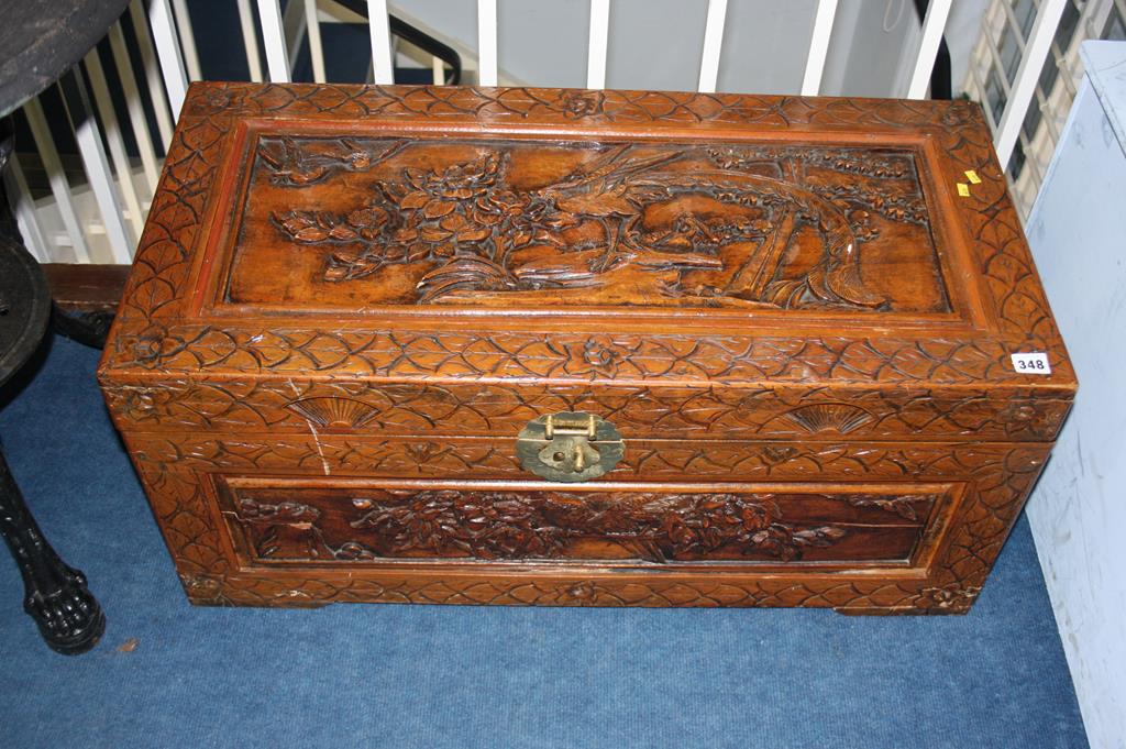 Carved Oriental camphorwood chest, 86cm wide