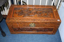 Carved Oriental camphorwood chest, 86cm wide