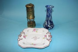 Miners lamp, glass vase and Victorian plate