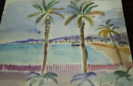 Manner of Raoul Dufy, watercolour, signed, 'Mediterranean coastal beach scene', 41 x 48cm