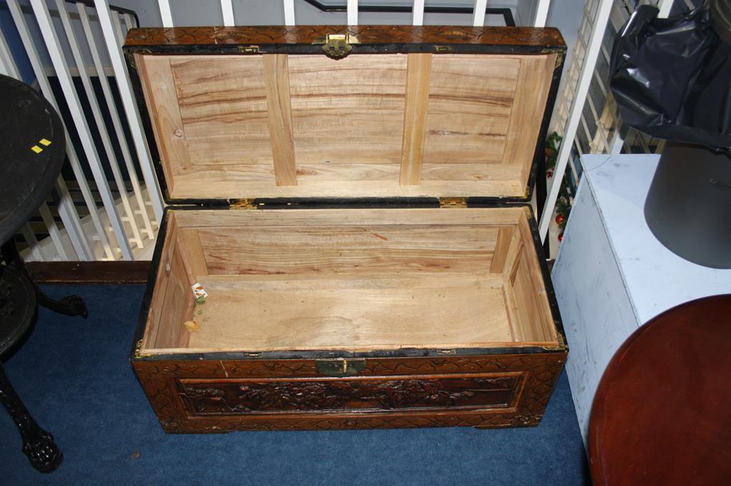 Carved Oriental camphorwood chest, 86cm wide - Image 3 of 3