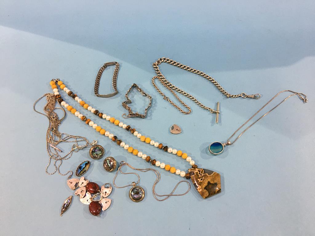 Silver Albert, assorted silver jewellery, amber coloured beads etc.