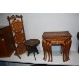 Oriental carved stool, nest of tables and a cake stand