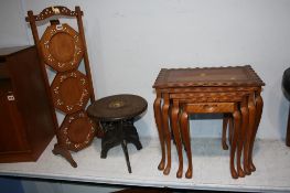 Oriental carved stool, nest of tables and a cake stand