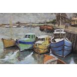 H.G. Wood, pastel, signed, 'Boats on a quayside', 30 x 46cm