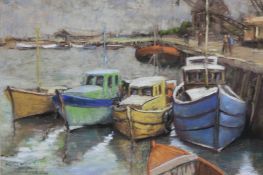 H.G. Wood, pastel, signed, 'Boats on a quayside', 30 x 46cm