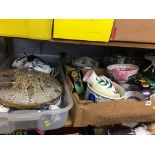 Three boxes of assorted china, light fittings etc.
